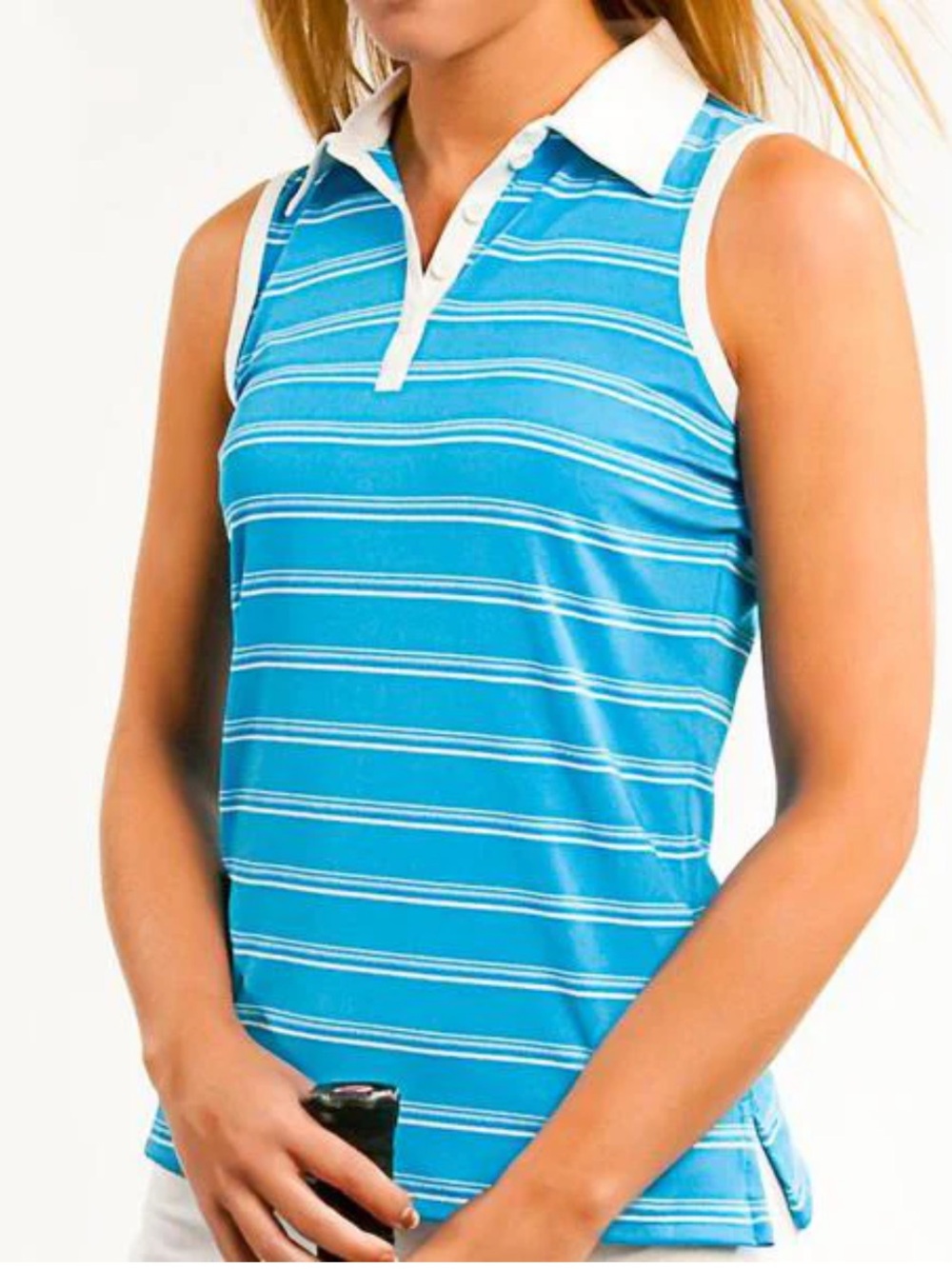 Blue and white striped sleeveless polo shirt.